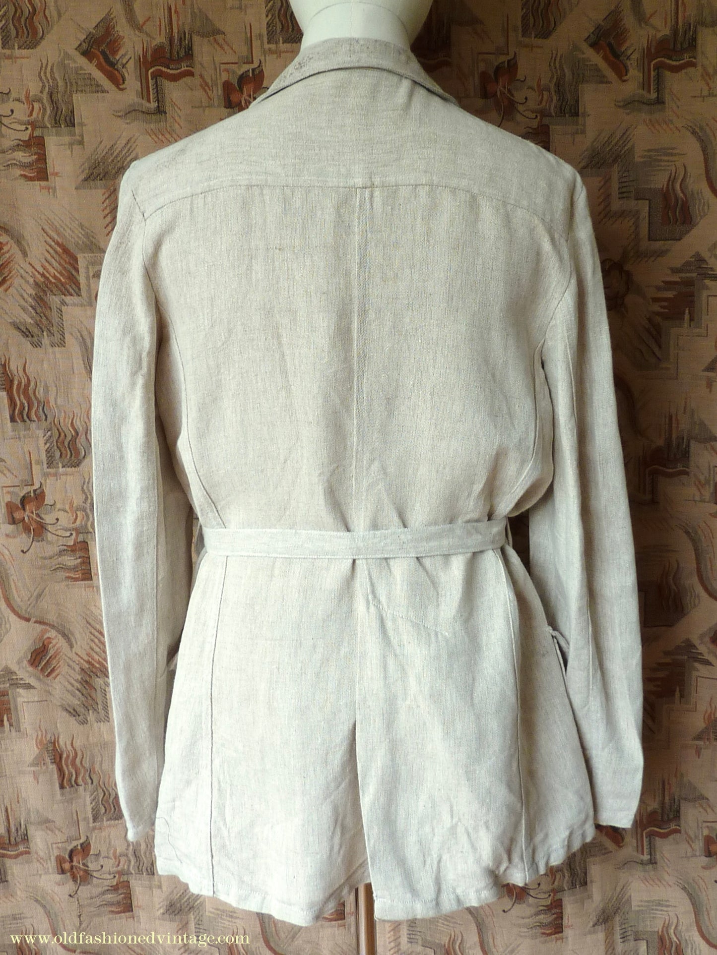 Vintage Mens 1960s 1970s Safari Jacket Belted Patch Pockets Military Style Oatmeal Flax Linen 40"