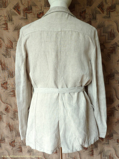 Vintage Mens 1960s 1970s Safari Jacket Belted Patch Pockets Military Style Oatmeal Flax Linen 40"