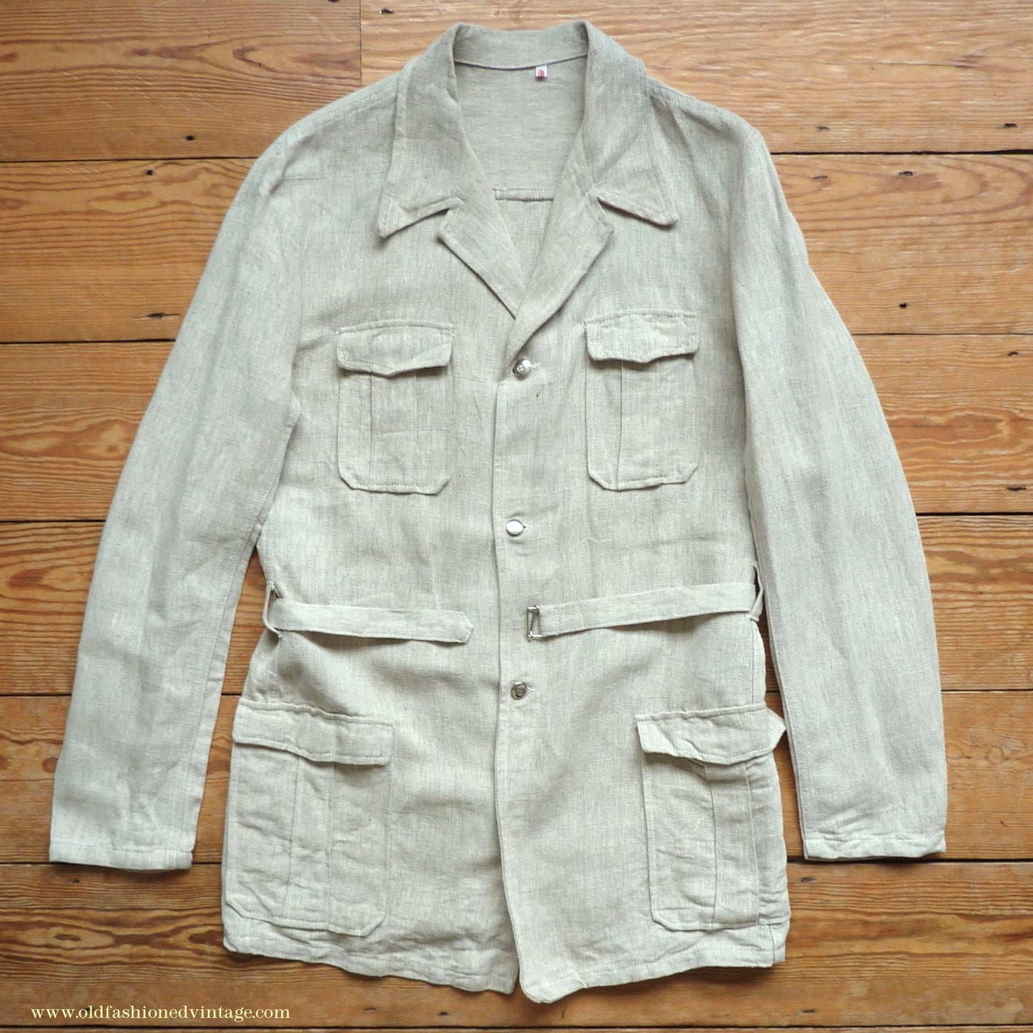 Vintage Mens 1960s 1970s Safari Jacket Belted Patch Pockets Military Style Oatmeal Flax Linen 40"