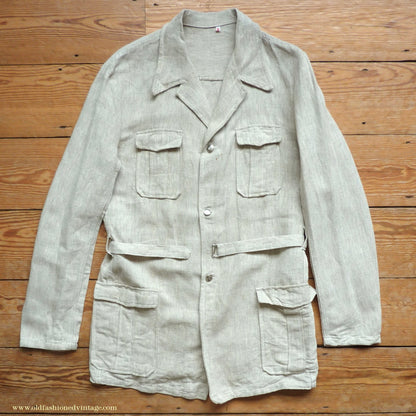 Vintage Mens 1960s 1970s Safari Jacket Belted Patch Pockets Military Style Oatmeal Flax Linen 40"
