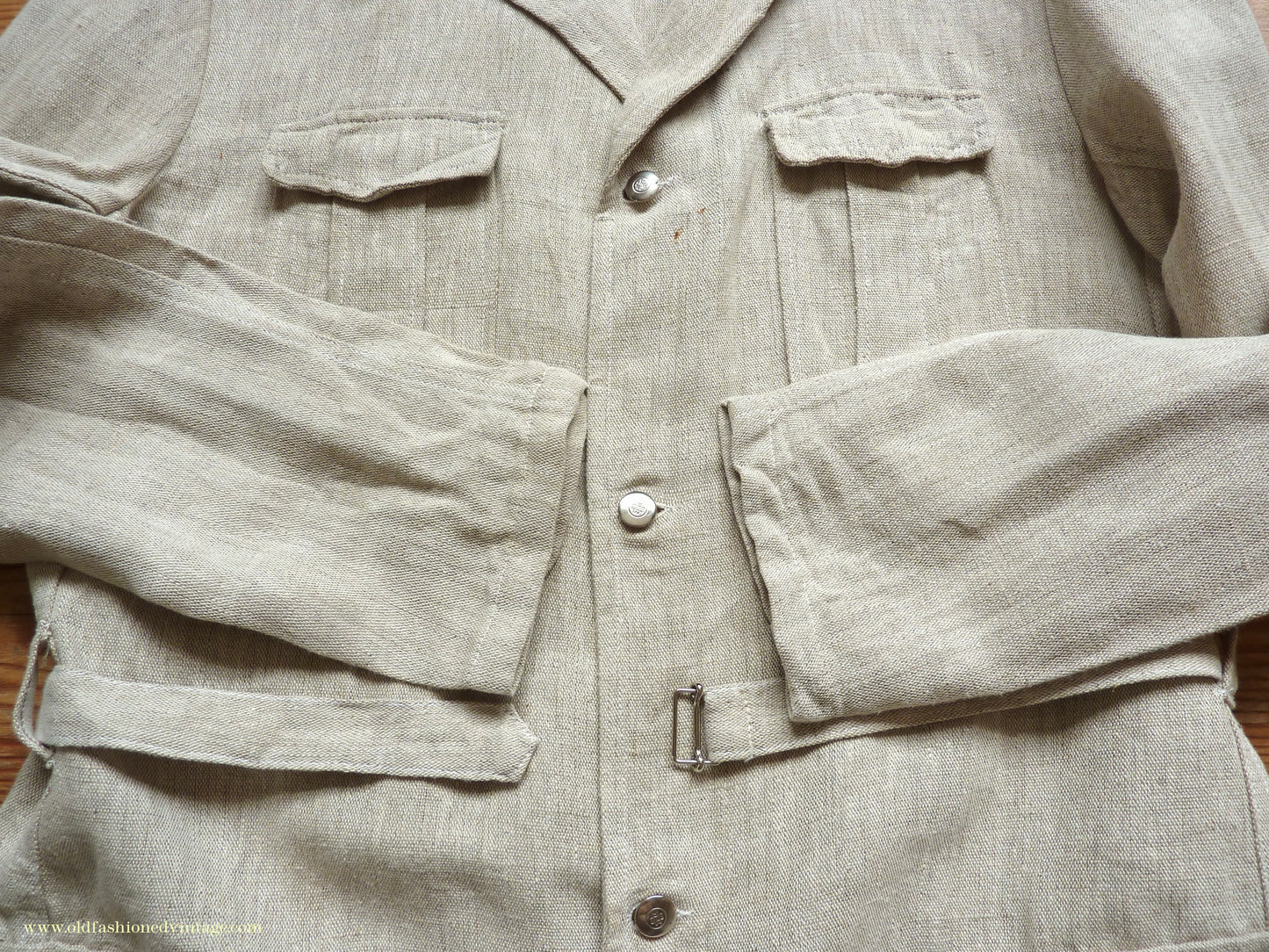 Vintage Mens 1960s 1970s Safari Jacket Belted Patch Pockets Military Style Oatmeal Flax Linen 40"