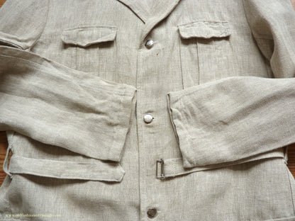 Vintage Mens 1960s 1970s Safari Jacket Belted Patch Pockets Military Style Oatmeal Flax Linen 40"
