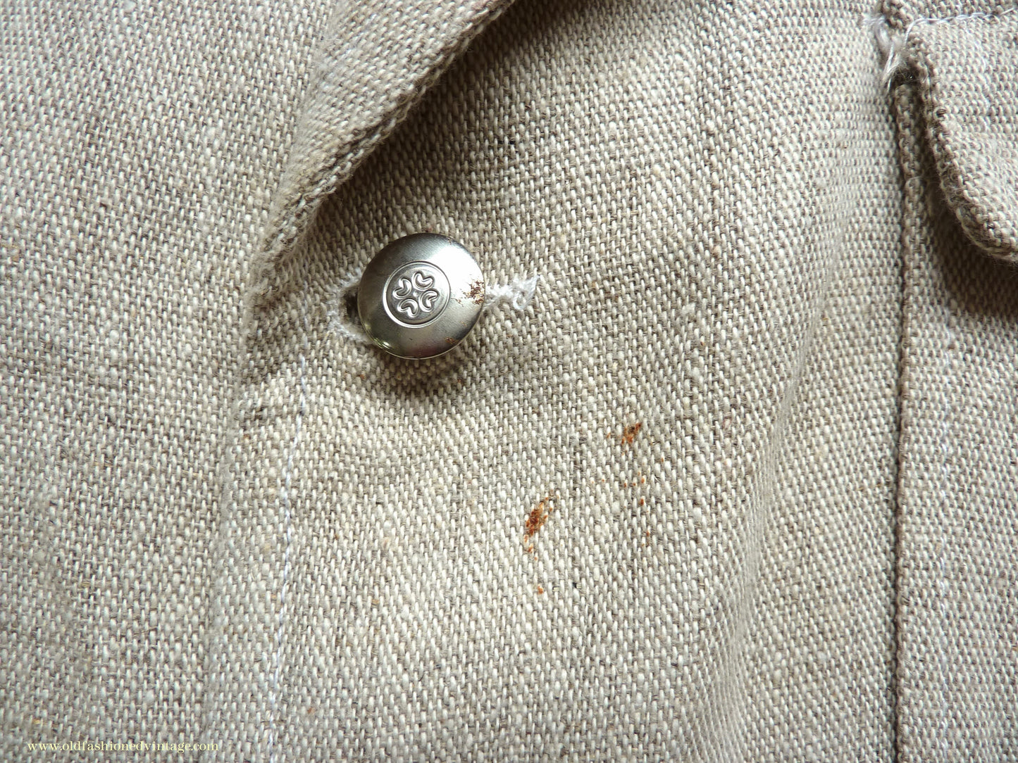 Vintage Mens 1960s 1970s Safari Jacket Belted Patch Pockets Military Style Oatmeal Flax Linen 40"