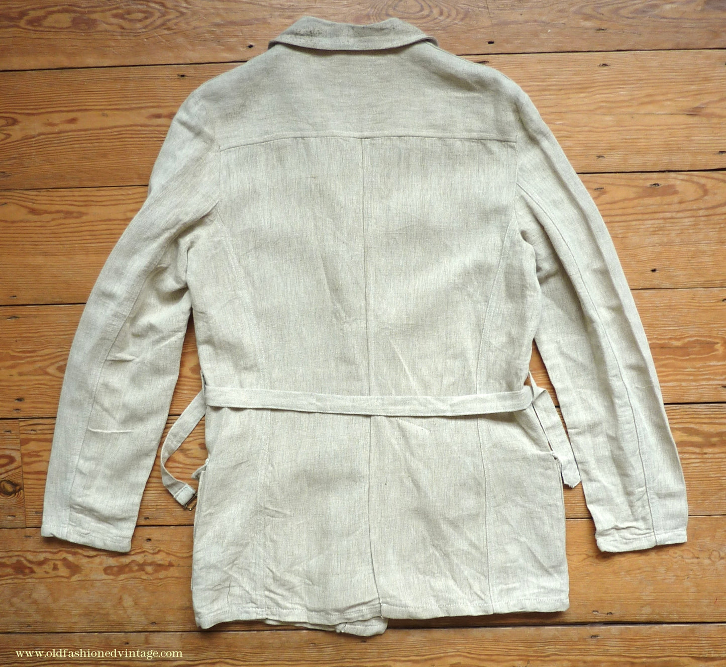 Vintage Mens 1960s 1970s Safari Jacket Belted Patch Pockets Military Style Oatmeal Flax Linen 40"