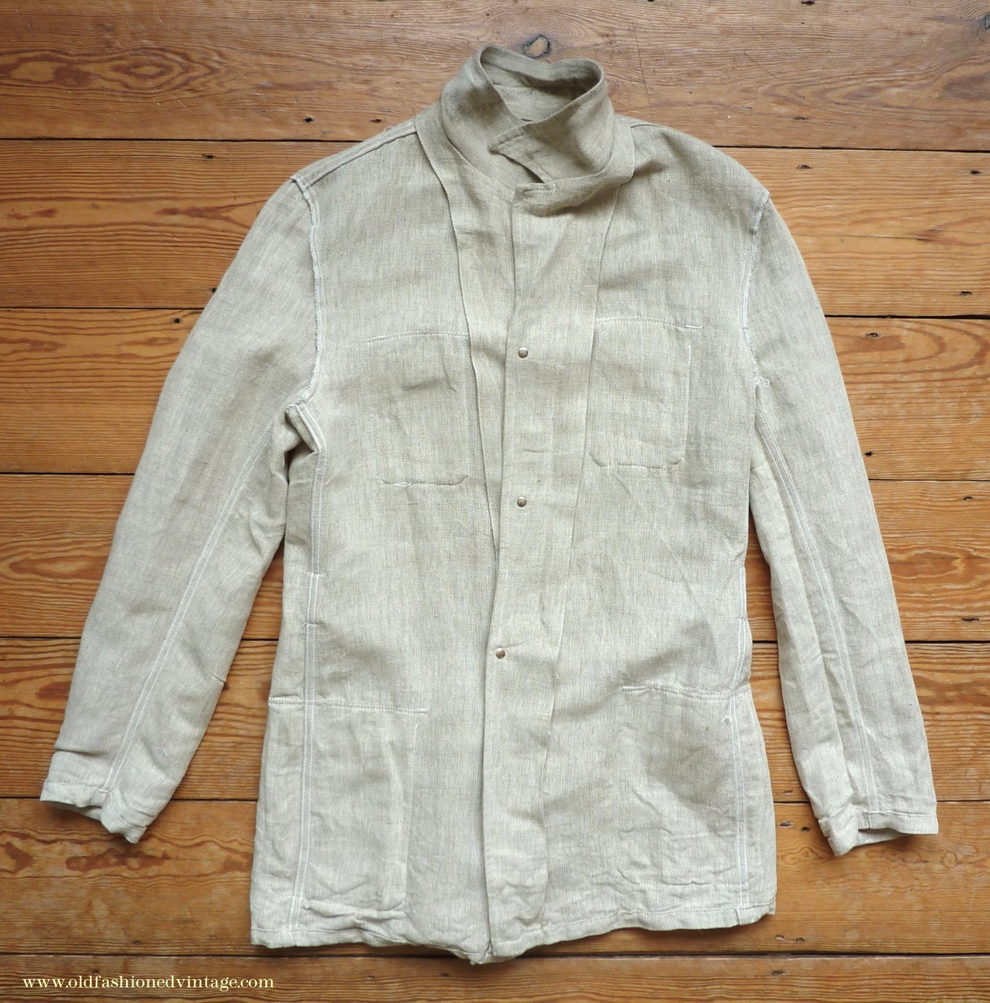 Vintage Mens 1960s 1970s Safari Jacket Belted Patch Pockets Military Style Oatmeal Flax Linen 40"