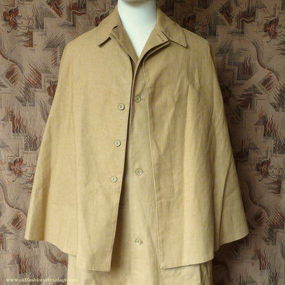 Vintage Mens 1980s Rubberised Inverness Cape Mustard Beige Rain Coat Mackintosh S