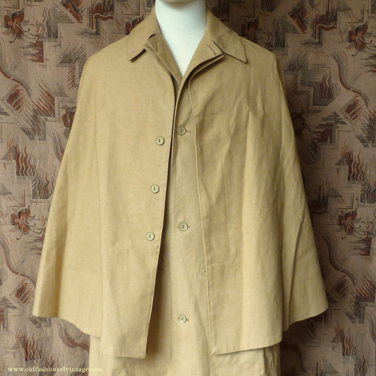 Vintage Mens 1980s Rubberised Inverness Cape Mustard Beige Rain Coat Mackintosh S