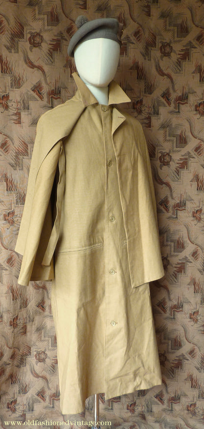 Vintage Mens 1980s Rubberised Inverness Cape Mustard Beige Rain Coat Mackintosh S