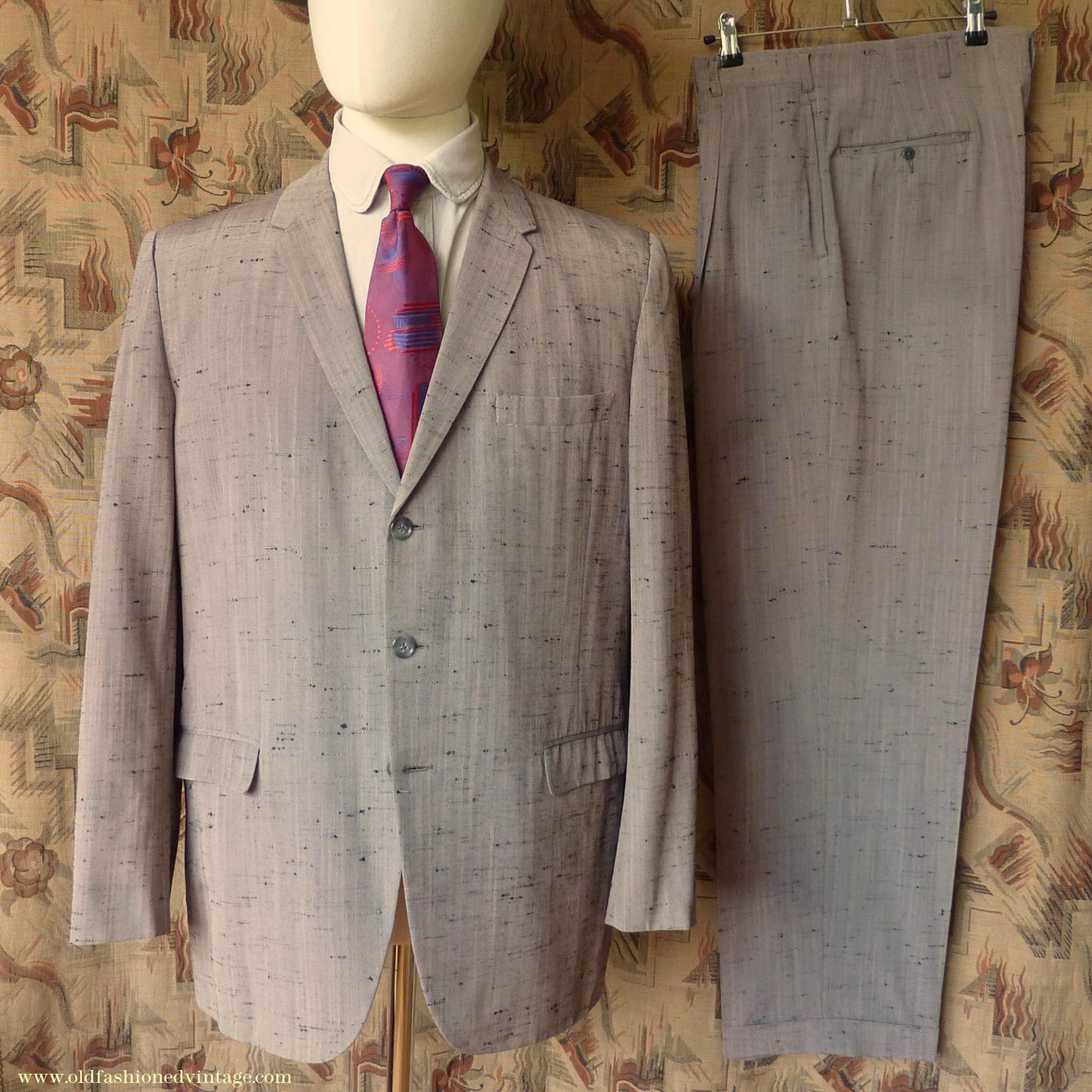 Vintage Mens 1950s American Suit Flecked Slub Shot Silk Effect Rayon Pinky Taupe Grey Black 40"