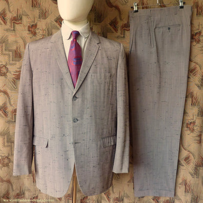 Vintage Mens 1950s American Suit Flecked Slub Shot Silk Effect Rayon Pinky Taupe Grey Black 40"