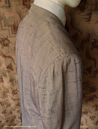 Vintage Mens 1950s American Suit Flecked Slub Shot Silk Effect Rayon Pinky Taupe Grey Black 40"