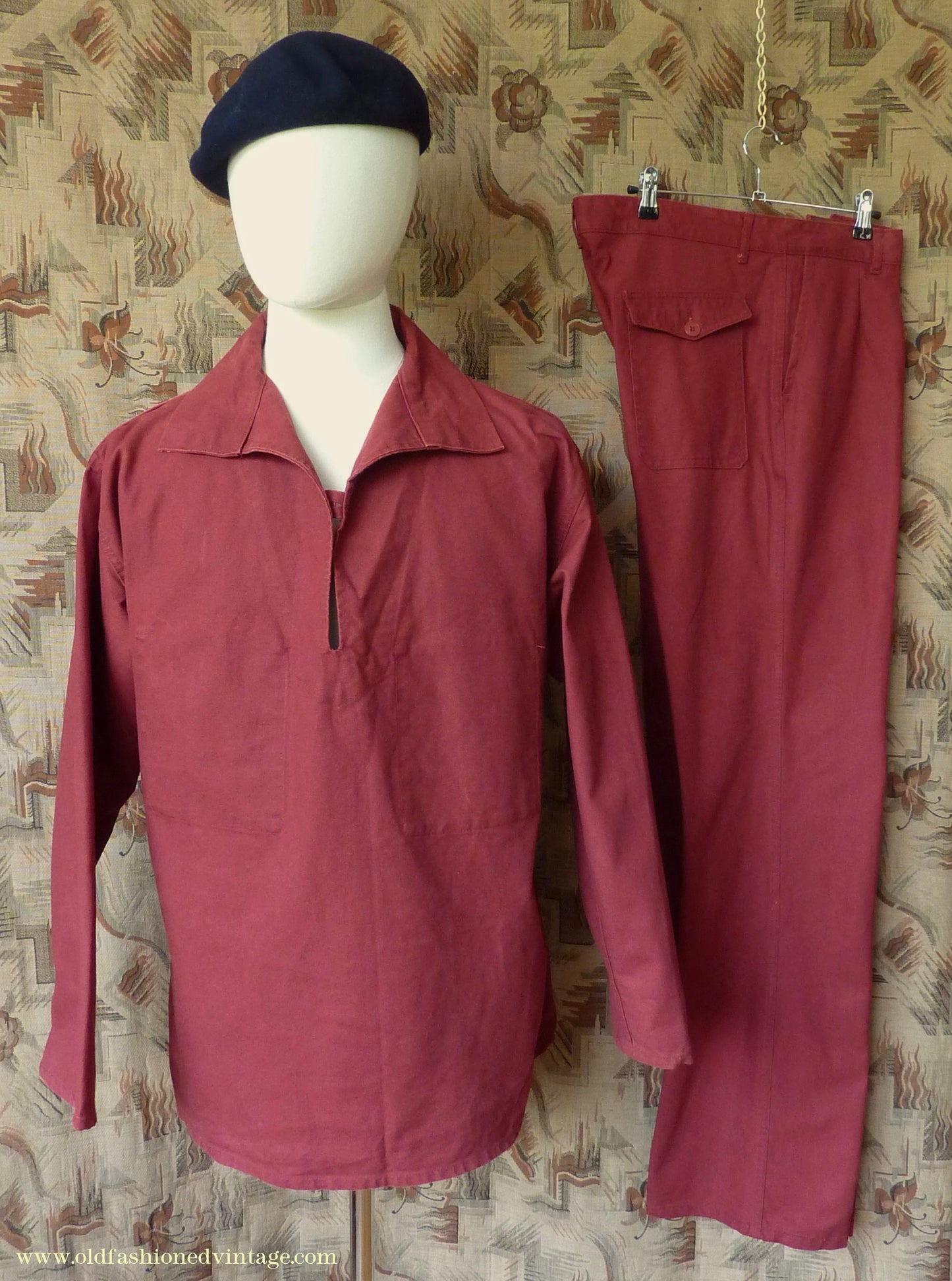 Vintage Mens 1970s 1980s Le Glazik French Breton Fisherman Smock & Trousers Set Brick Red Canvas Workwear M/L