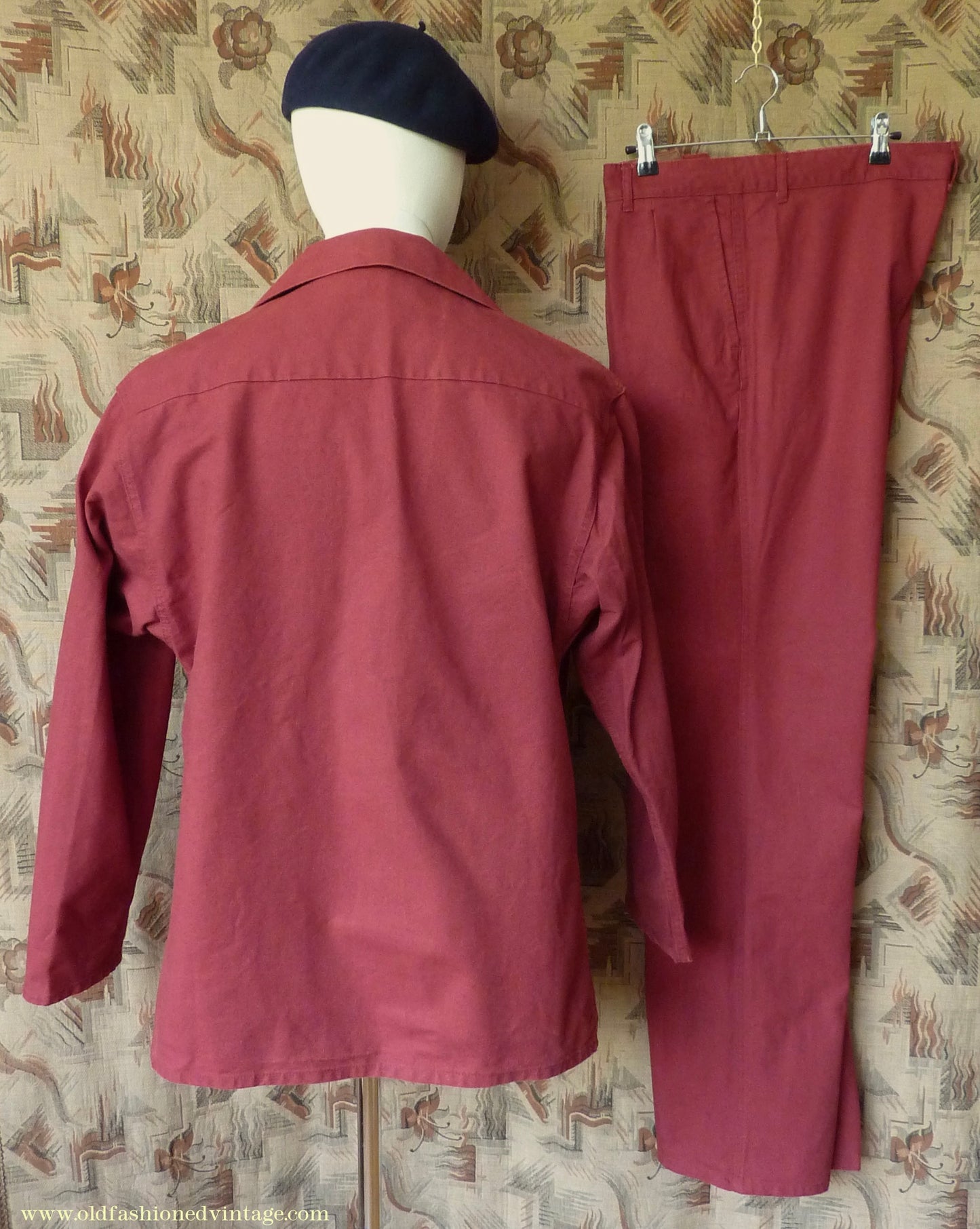 Vintage Mens 1970s 1980s Le Glazik French Breton Fisherman Smock & Trousers Set Brick Red Canvas Workwear M/L