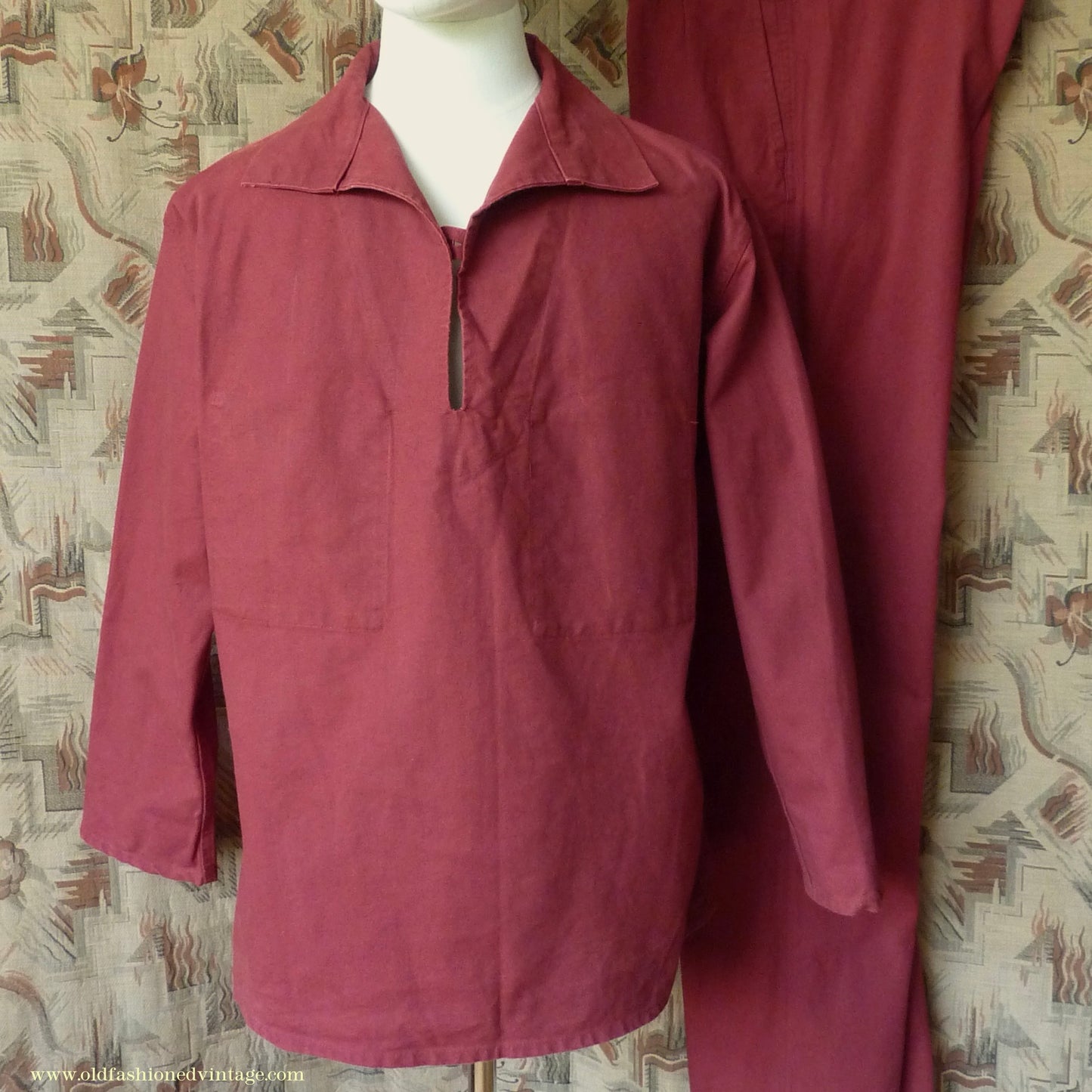 Vintage Mens 1970s 1980s Le Glazik French Breton Fisherman Smock & Trousers Set Brick Red Canvas Workwear M/L