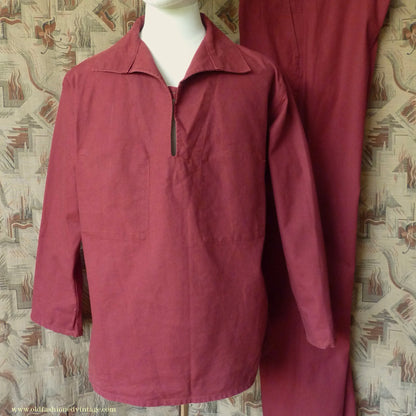 Vintage Mens 1970s 1980s Le Glazik French Breton Fisherman Smock & Trousers Set Brick Red Canvas Workwear M/L