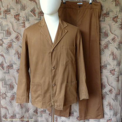 Vintage Mens 1950s British 'Harpoon' Workwear Suit Engineer Jacket & Trousers Brown Cotton Drill 38"