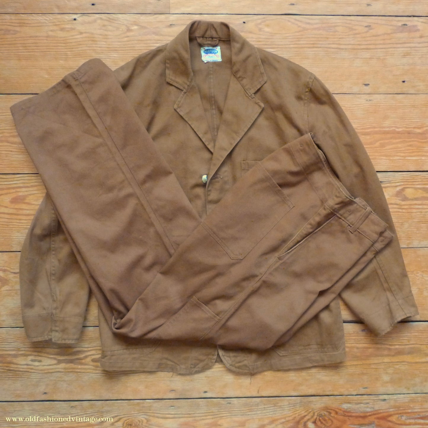 Vintage Mens 1950s British 'Harpoon' Workwear Suit Engineer Jacket & Trousers Brown Cotton Drill 38"
