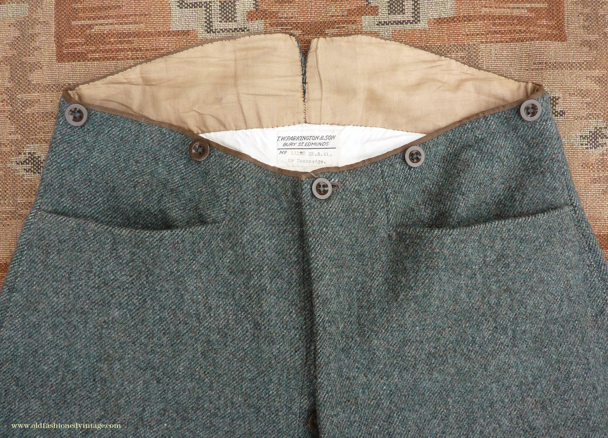 Vintage Mens 1940s Bespoke Tweed Knicker Breeches Plus Fours +4s Grey Green Wool Trousers Breeks Pants 31"