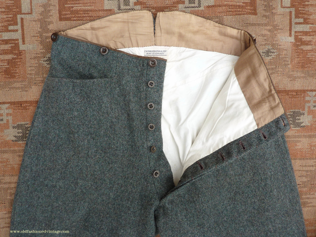 Vintage Mens 1940s Bespoke Tweed Knicker Breeches Plus Fours +4s Grey Green Wool Trousers Breeks Pants 31"