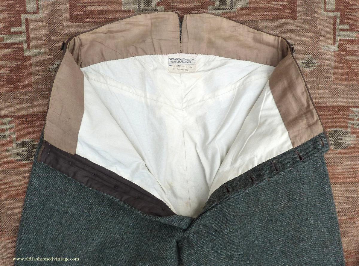 Vintage Mens 1940s Bespoke Tweed Knicker Breeches Plus Fours +4s Grey Green Wool Trousers Breeks Pants 31"