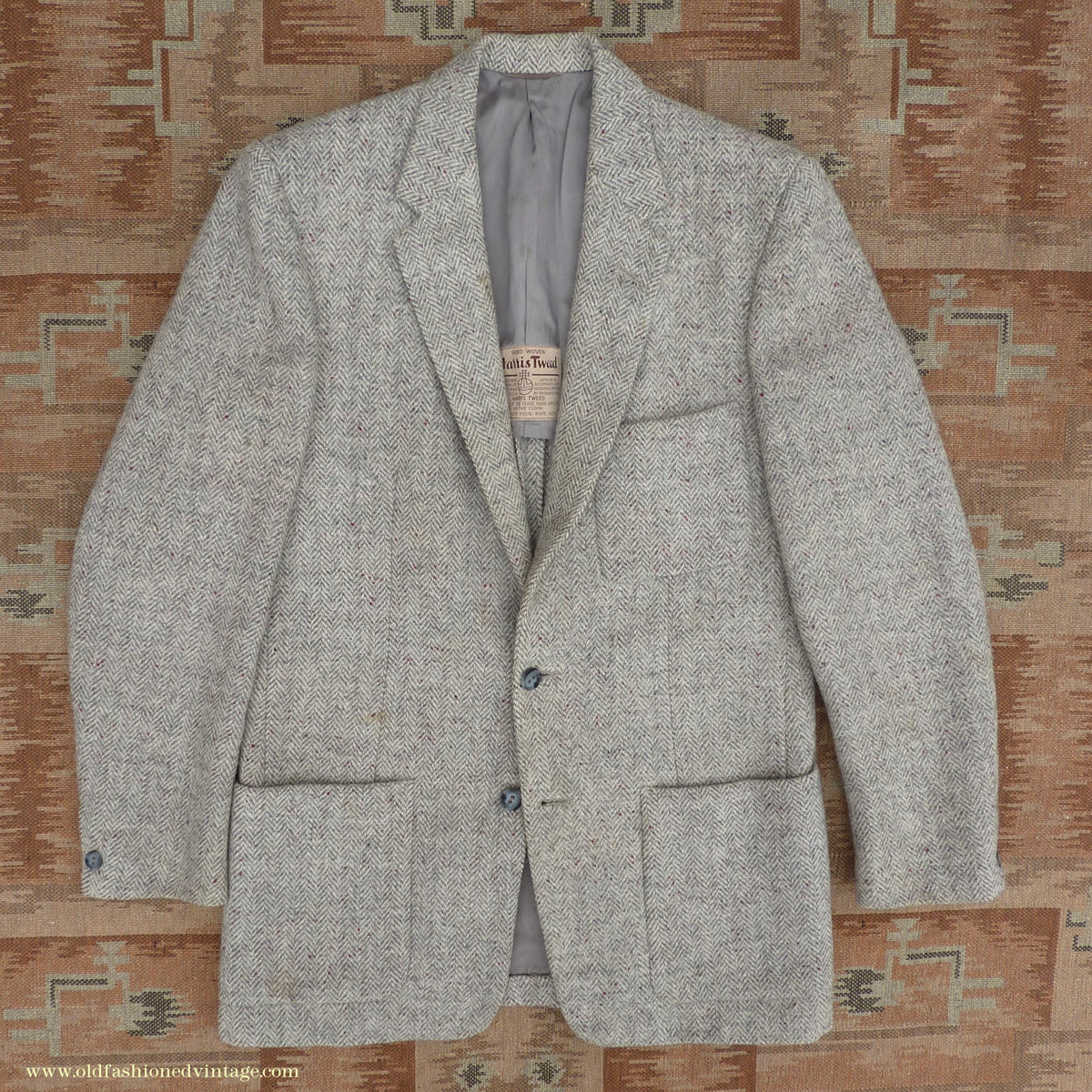 Vintage Mens 1950s Harris Tweed Sports Jacket Patch Pockets Oatmeal Grey Flecked Herringbone 37"