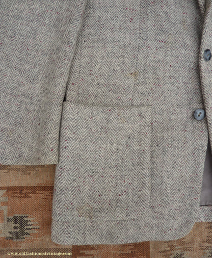 Vintage Mens 1950s Harris Tweed Sports Jacket Patch Pockets Oatmeal Grey Flecked Herringbone 37"