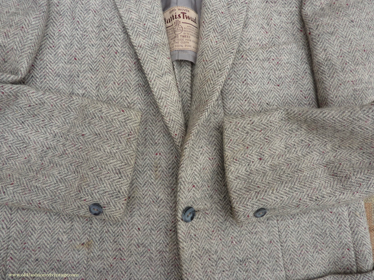 Vintage Mens 1950s Harris Tweed Sports Jacket Patch Pockets Oatmeal Grey Flecked Herringbone 37"