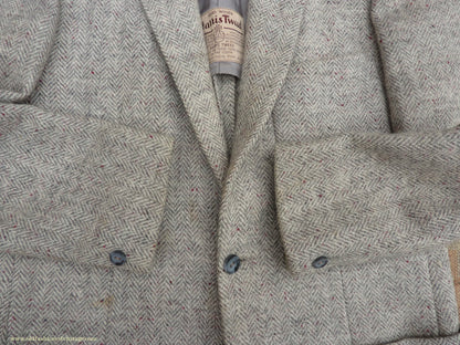 Vintage Mens 1950s Harris Tweed Sports Jacket Patch Pockets Oatmeal Grey Flecked Herringbone 37"