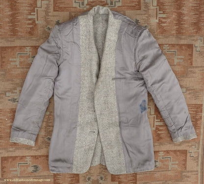 Vintage Mens 1950s Harris Tweed Sports Jacket Patch Pockets Oatmeal Grey Flecked Herringbone 37"