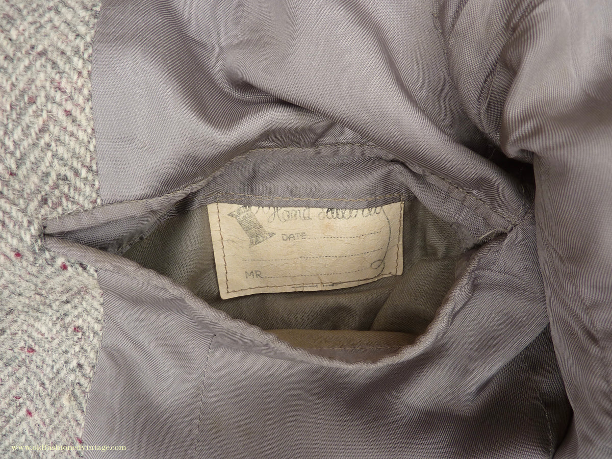 Vintage Mens 1950s Harris Tweed Sports Jacket Patch Pockets Oatmeal Grey Flecked Herringbone 37"