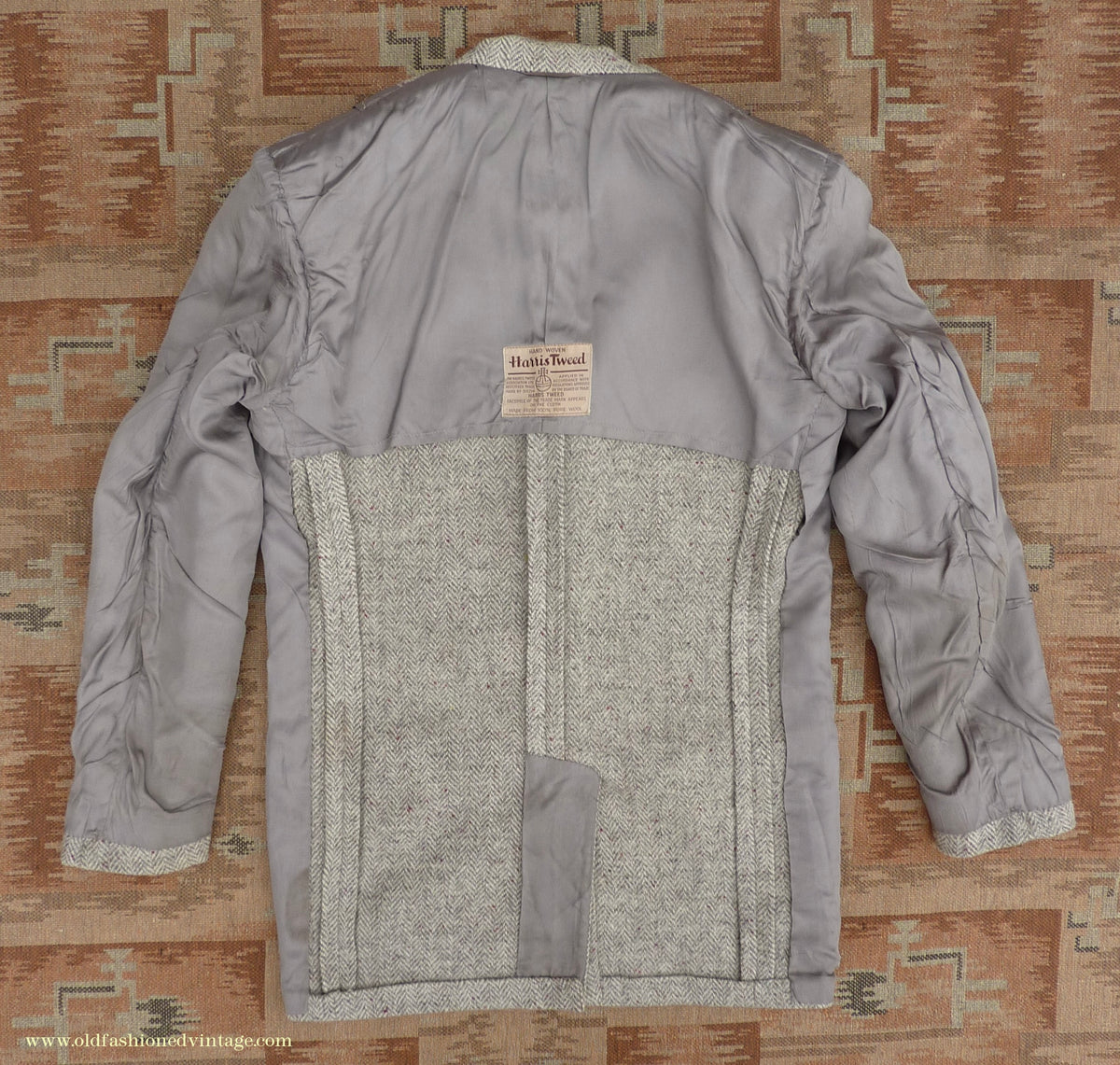 Vintage Mens 1950s Harris Tweed Sports Jacket Patch Pockets Oatmeal Grey Flecked Herringbone 37"