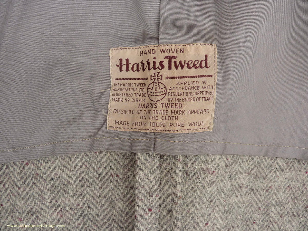 Vintage Mens 1950s Harris Tweed Sports Jacket Patch Pockets Oatmeal Grey Flecked Herringbone 37"