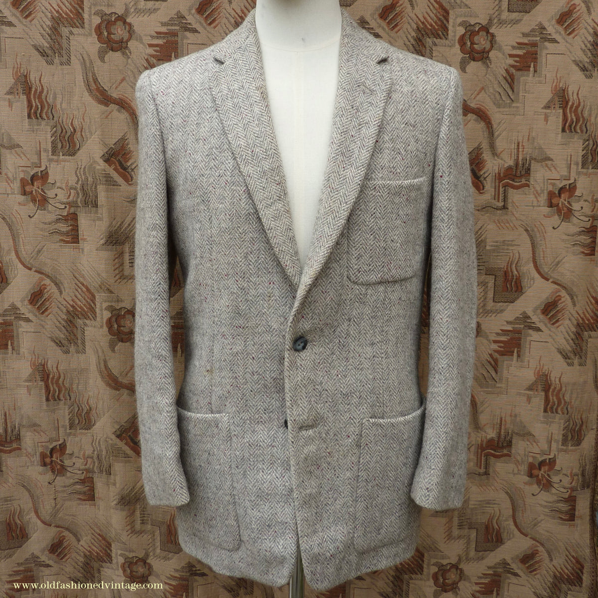 Vintage Mens 1950s Harris Tweed Sports Jacket Patch Pockets Oatmeal Grey Flecked Herringbone 37"