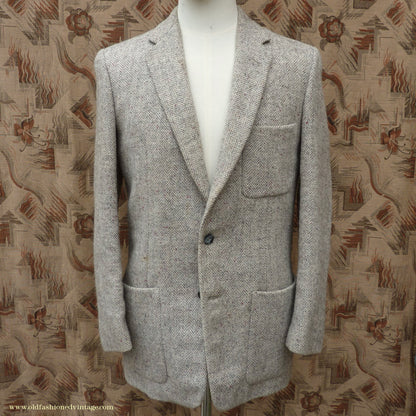 Vintage Mens 1950s Harris Tweed Sports Jacket Patch Pockets Oatmeal Grey Flecked Herringbone 37"