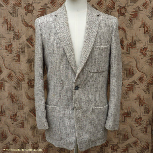Vintage Mens 1950s Harris Tweed Sports Jacket Patch Pockets Oatmeal Grey Flecked Herringbone 37"