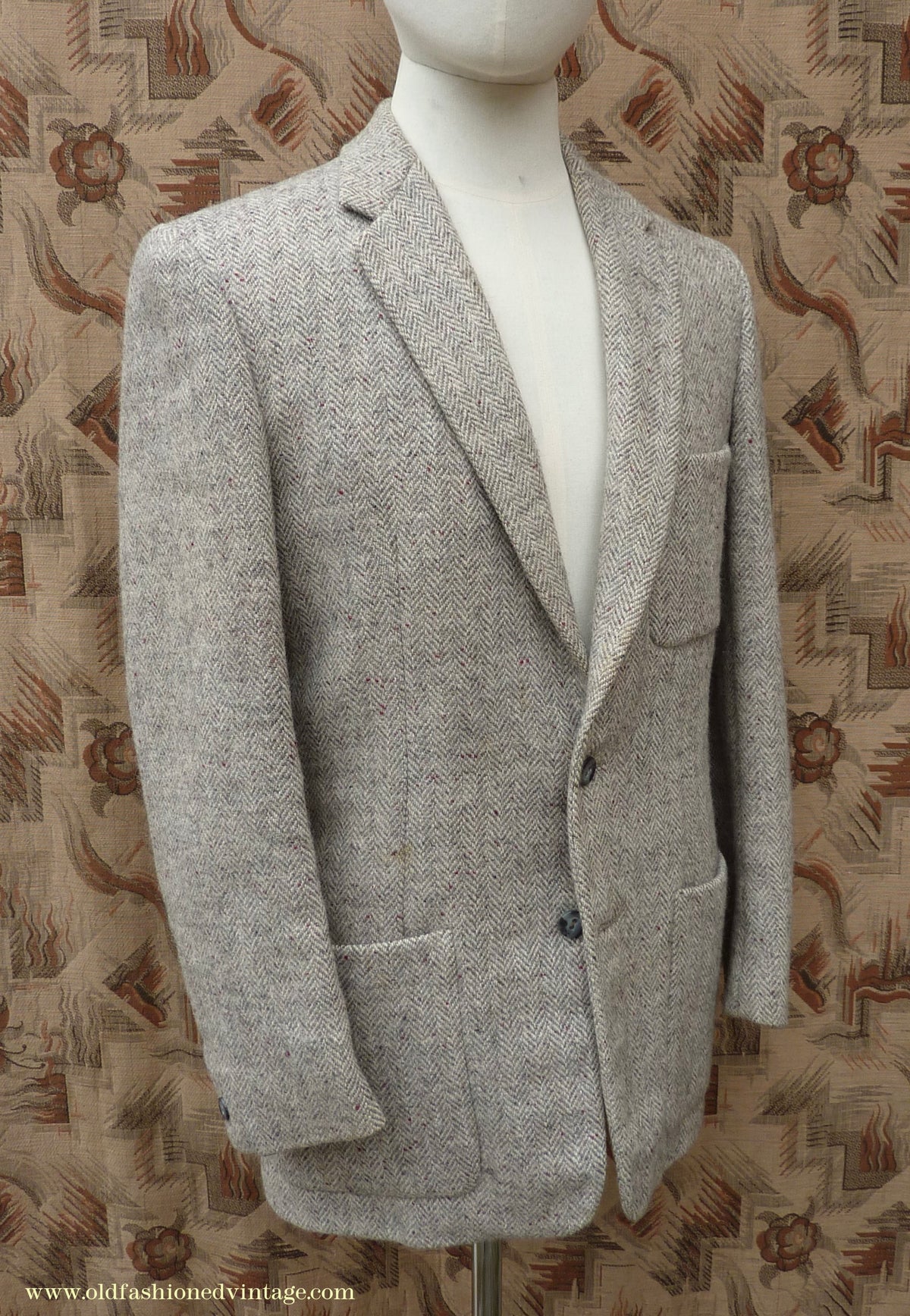 Vintage Mens 1950s Harris Tweed Sports Jacket Patch Pockets Oatmeal Grey Flecked Herringbone 37"