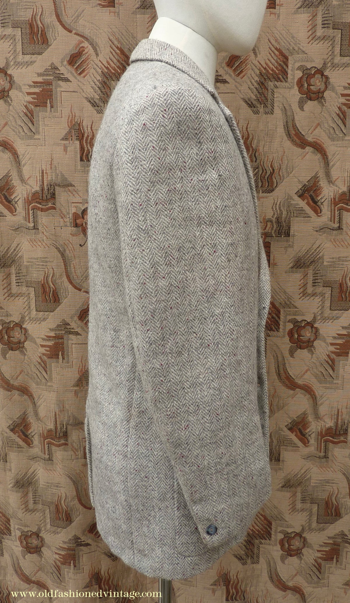 Vintage Mens 1950s Harris Tweed Sports Jacket Patch Pockets Oatmeal Grey Flecked Herringbone 37"