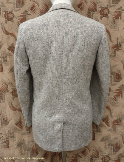 Vintage Mens 1950s Harris Tweed Sports Jacket Patch Pockets Oatmeal Grey Flecked Herringbone 37"