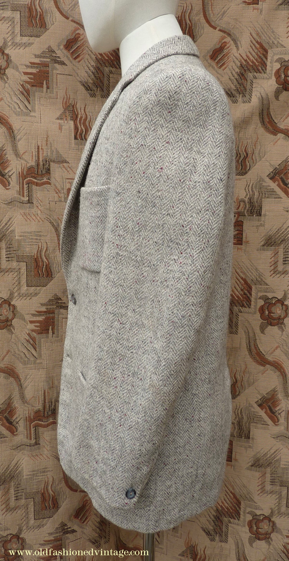 Vintage Mens 1950s Harris Tweed Sports Jacket Patch Pockets Oatmeal Grey Flecked Herringbone 37"