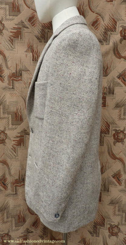 Vintage Mens 1950s Harris Tweed Sports Jacket Patch Pockets Oatmeal Grey Flecked Herringbone 37"