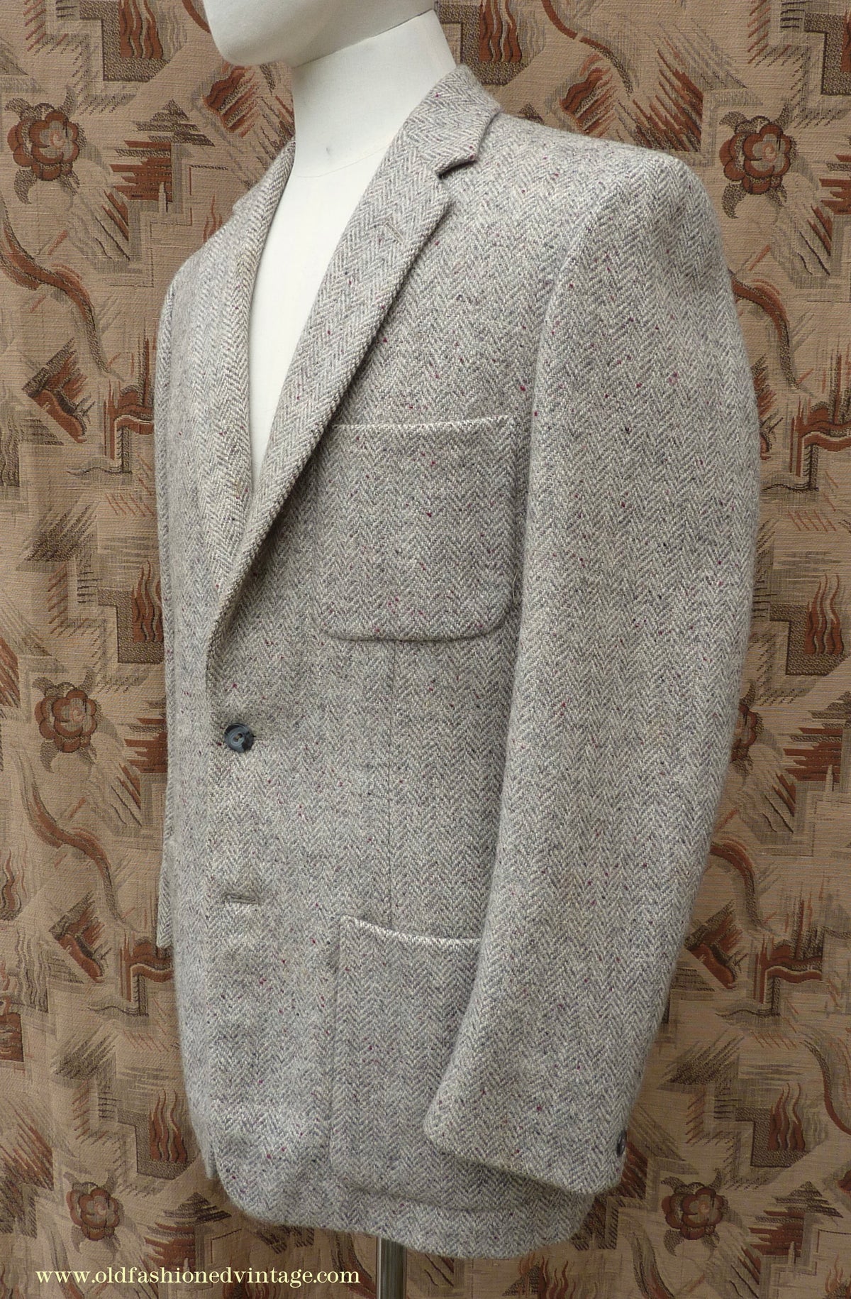 Vintage Mens 1950s Harris Tweed Sports Jacket Patch Pockets Oatmeal Grey Flecked Herringbone 37"