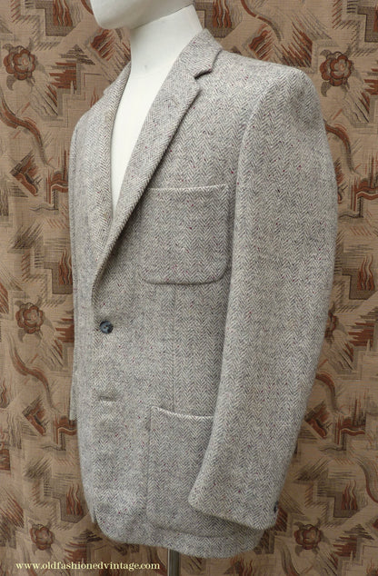 Vintage Mens 1950s Harris Tweed Sports Jacket Patch Pockets Oatmeal Grey Flecked Herringbone 37"