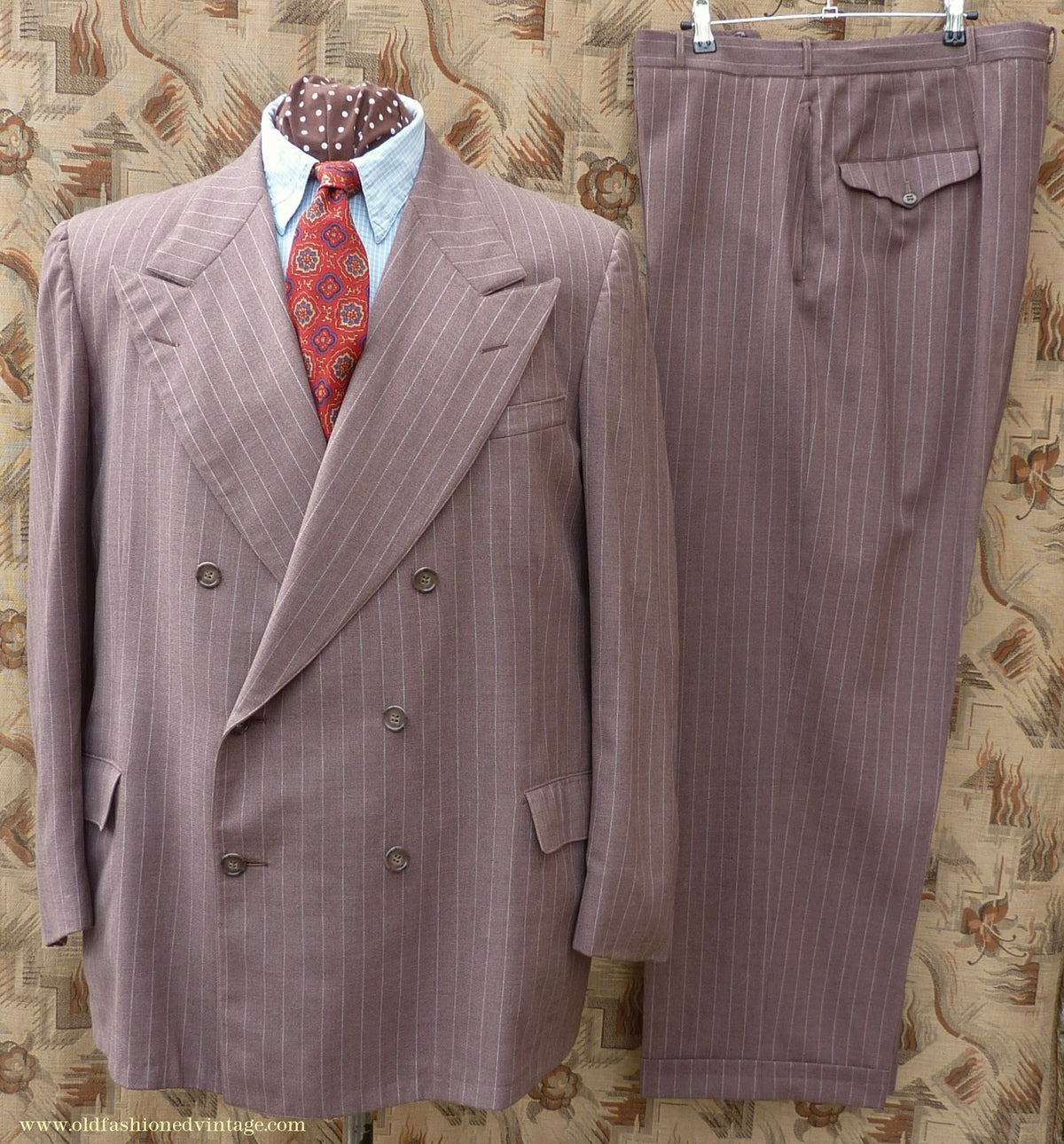 Vintage Mens 1940s American Double Breasted Suit Brown Pinstripe XL XXL 46" / 48"