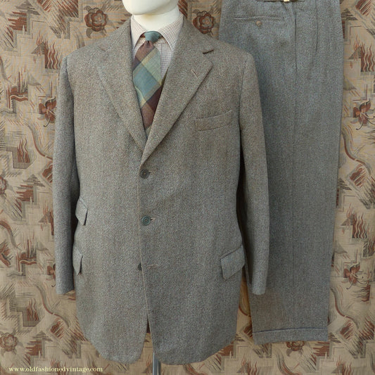 Vintage Mens 1950s Bespoke Tweed Suit 2 Piece Single Breasted Green Brown Barleycorn Wool 42"
