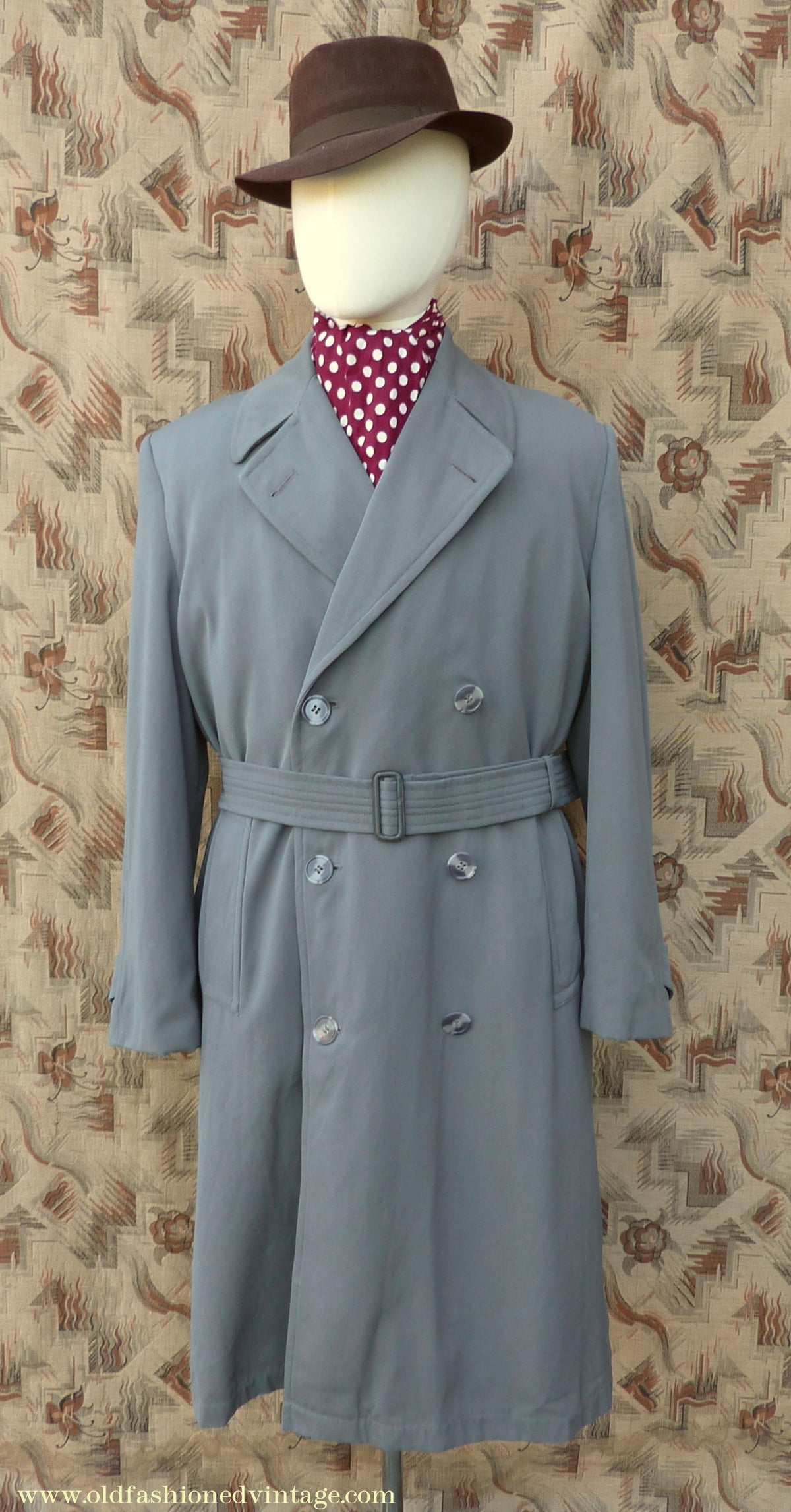 Vintage Mens 1940s 1950s Burton Trenchcoat Grey Gabardine Double Breasted Raincoat Mac