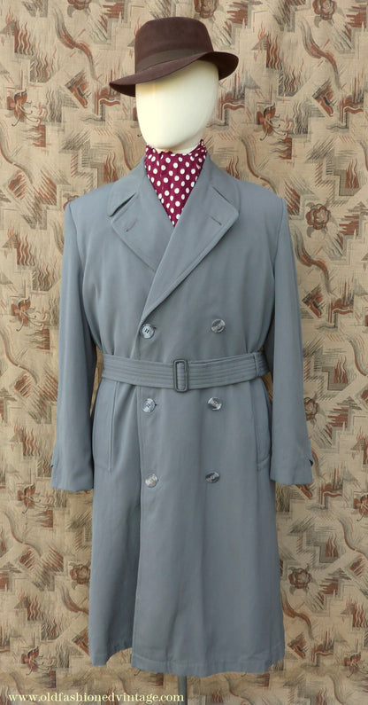 Vintage Mens 1940s 1950s Burton Trenchcoat Grey Gabardine Double Breasted Raincoat Mac