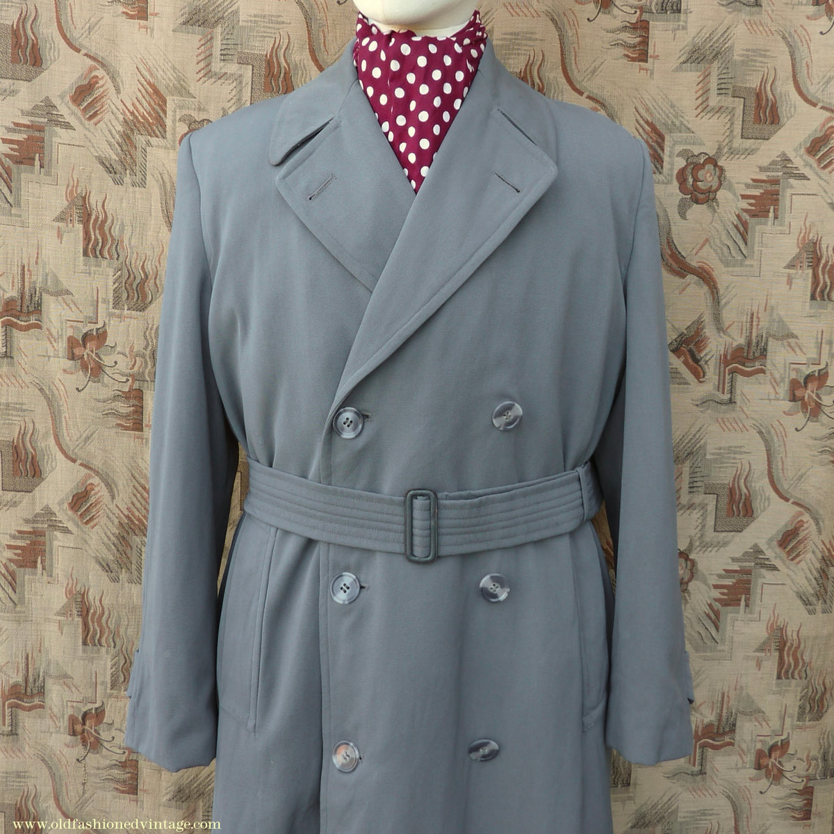 Vintage Mens 1940s 1950s Burton Trenchcoat Grey Gabardine Double Breasted Raincoat Mac