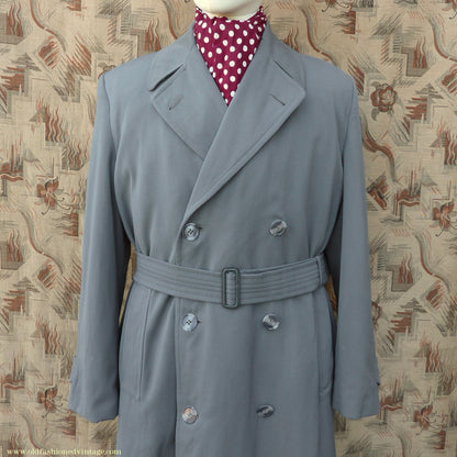 Vintage Mens 1940s 1950s Burton Trenchcoat Grey Gabardine Double Breasted Raincoat Mac