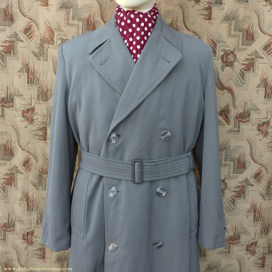 Vintage Mens 1940s 1950s Burton Trenchcoat Grey Gabardine Double Breasted Raincoat Mac