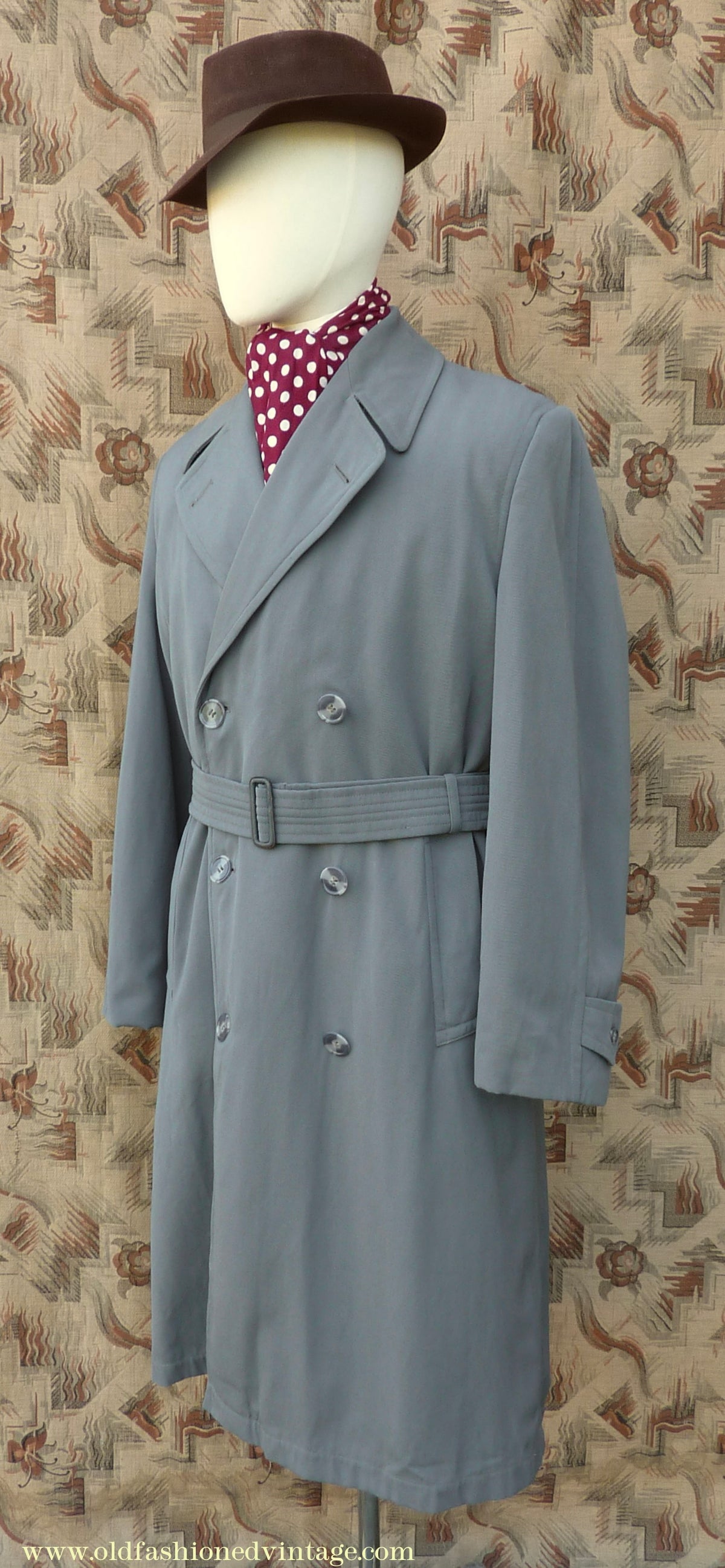 Vintage Mens 1940s 1950s Burton Trenchcoat Grey Gabardine Double Breasted Raincoat Mac